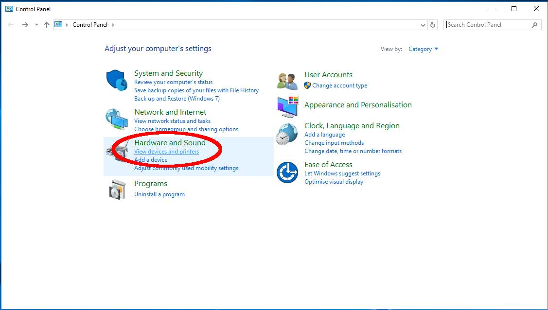 Control Panel - Device and Printers - Windows 10