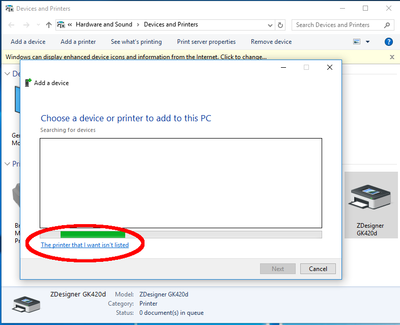Add Printer Wizard - Printer not listed - Windows 10
