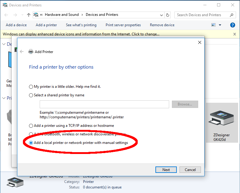 Add Printer Wizard - Use manual settings - Windows 10