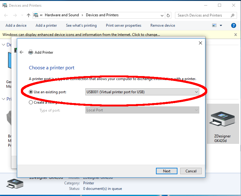 Add Printer Wizard - Select printer port - Windows 10