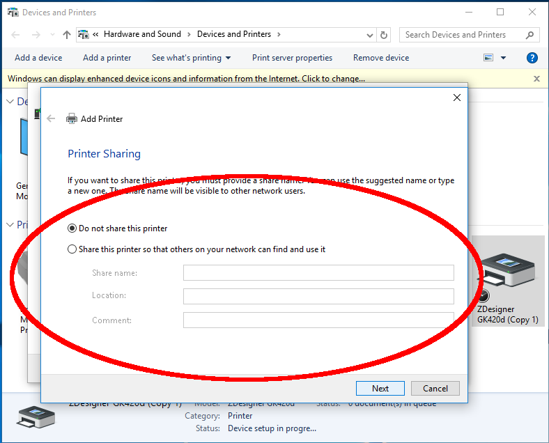Add Printer Wizard - Printer sharing - Windows 10